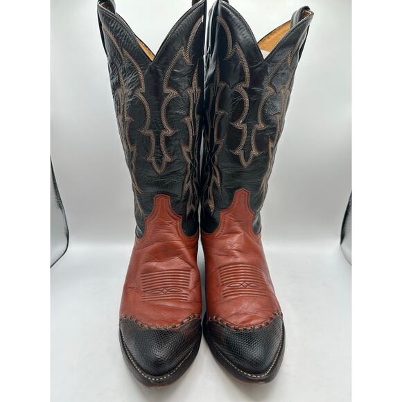 Vintage Tony Lama Boots 6951 Men’s Black Brown Lizard Tip Western Cowboy Boot 8 - Picture 2 of 10